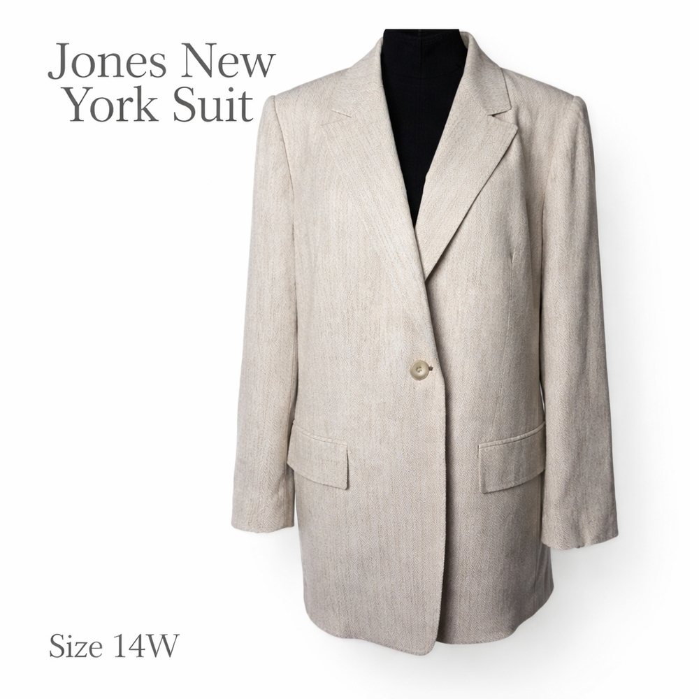 Jones New York 14W Cream Blazer Vintage Herringbone Plus Size Career Jacket